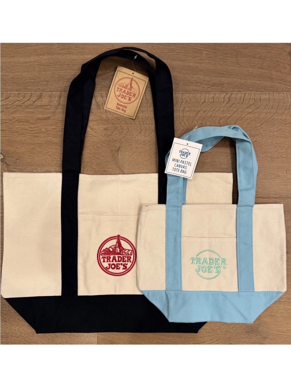 NWT, Set of 2 trader Joe's Canvas Tote Bags — 1 Navy Large+ 1 Light Blue mini